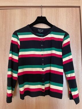 Agnes B. Striped Long Sleeve Cardigan in Black, Green, Red, Cream - size 3